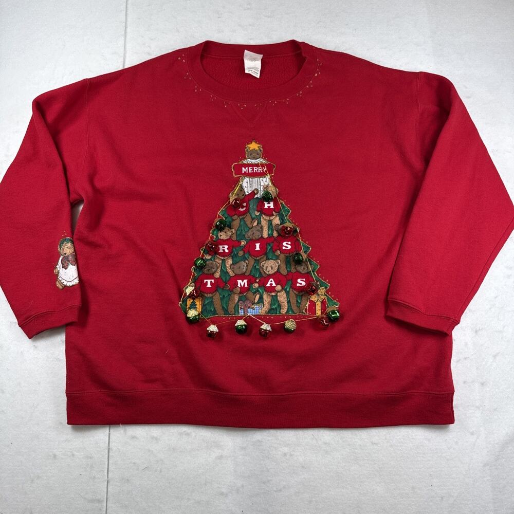 VTG 90s Ugly Christmas Sweater Sweatshirt Large Teddy Bear Tree Puffy Paint 3D